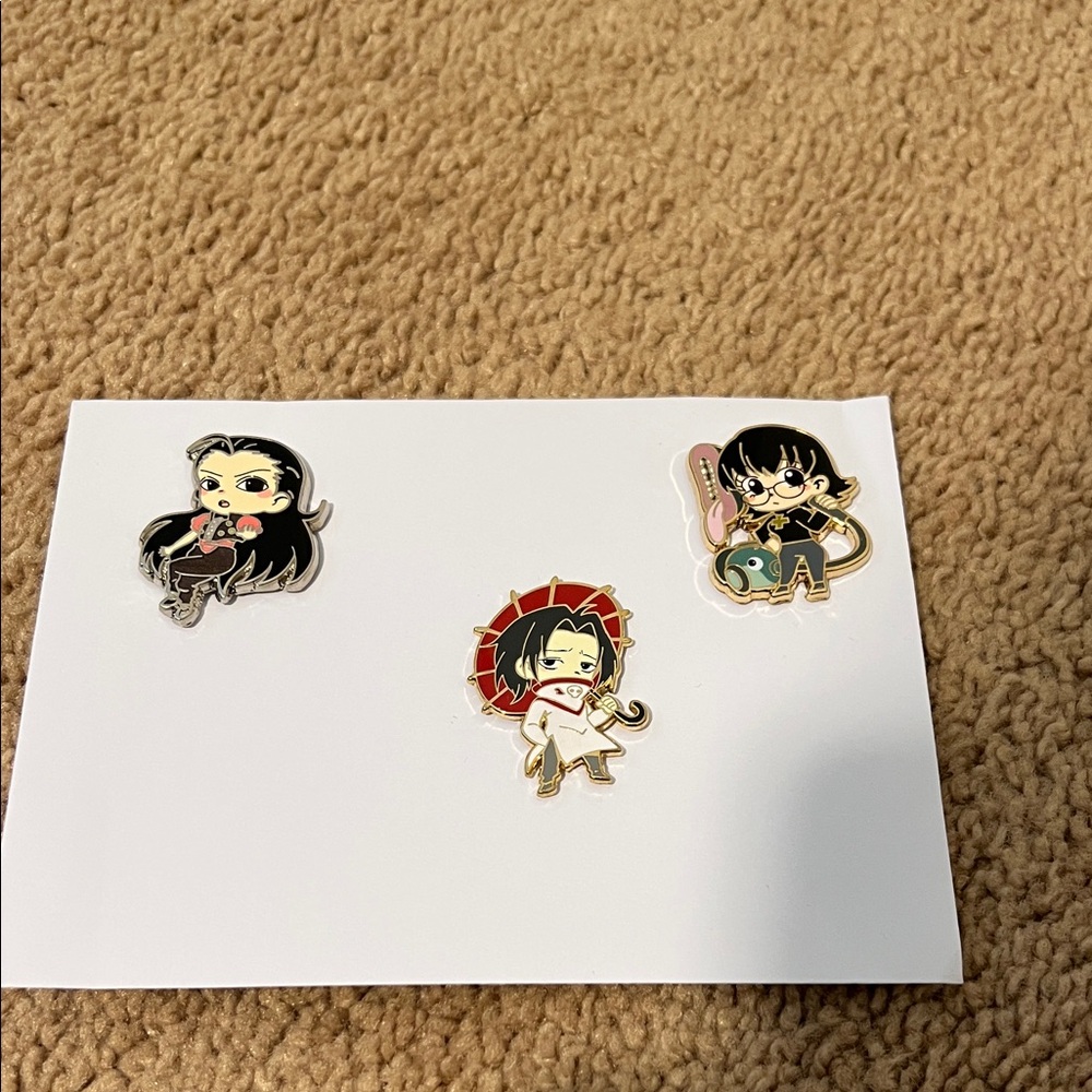 Set of 3 Cute Anime Enamel Pins - Black, Red, Pink Accents